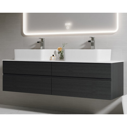 HMR Modern Floating Bathroom Vanity Set with Faux Marble Top & Double Ceramic with Vessel Sink - Black, 60"