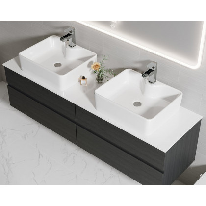 HMR Modern Floating Bathroom Vanity Set with Faux Marble Top & Double Ceramic with Vessel Sink - Black, 60"