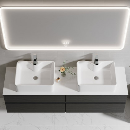 HMR Modern Floating Bathroom Vanity Set with Faux Marble Top & Double Ceramic with Vessel Sink - Black, 60"