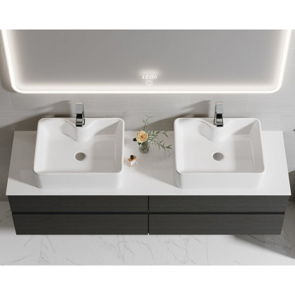 HMR Modern Floating Bathroom Vanity Set with Faux Marble Top & Double Ceramic with Vessel Sink - Black, 60"