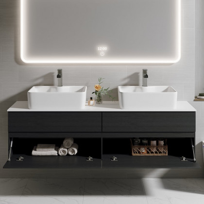 HMR Modern Floating Bathroom Vanity Set with Faux Marble Top & Double Ceramic with Vessel Sink - Black, 60"