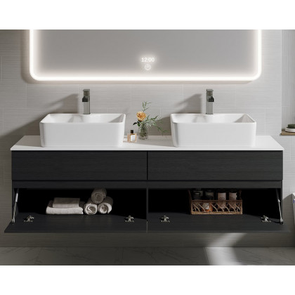 HMR Modern Floating Bathroom Vanity Set with Faux Marble Top & Double Ceramic with Vessel Sink - Black, 60"