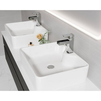 HMR Modern Floating Bathroom Vanity Set with Faux Marble Top & Double Ceramic with Vessel Sink - Black, 60"