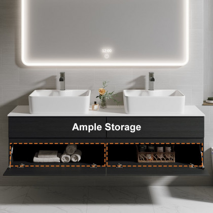 HMR Modern Floating Bathroom Vanity Set with Faux Marble Top & Double Ceramic with Vessel Sink - Black, 60"