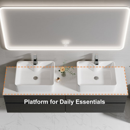 HMR Modern Floating Bathroom Vanity Set with Faux Marble Top & Double Ceramic with Vessel Sink - Black, 60"