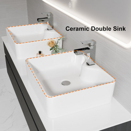 HMR Modern Floating Bathroom Vanity Set with Faux Marble Top & Double Ceramic with Vessel Sink - Black, 60"