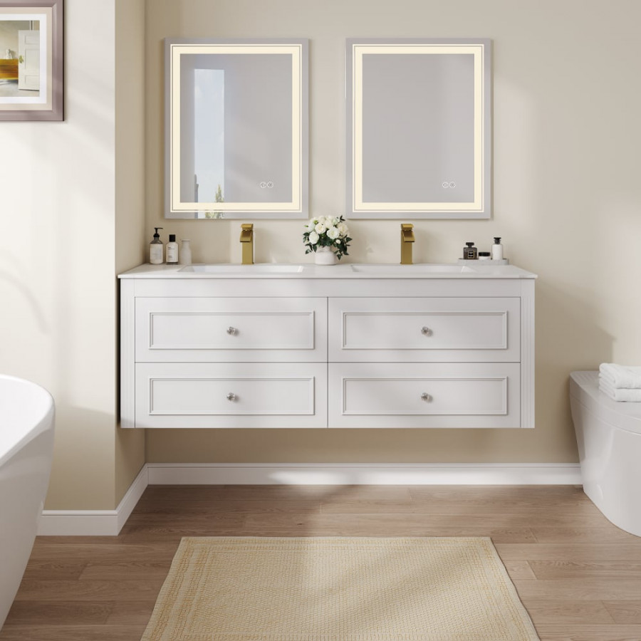 HMR - Bathroom Vanity Set 58.6"Modern Floating Ceramic Bathroom Vanity White with Double Sinks