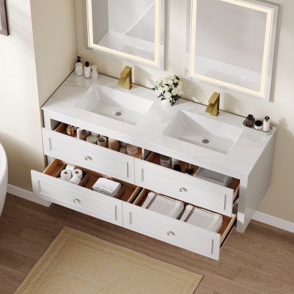 HMR - Bathroom Vanity Set 58.6"Modern Floating Ceramic Bathroom Vanity White with Double Sinks