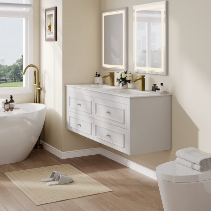 HMR - Bathroom Vanity Set 58.6"Modern Floating Ceramic Bathroom Vanity White with Double Sinks