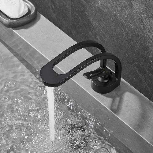 HMR - Modern Single Hole 1-Handle C-Shaped Spout Bathroom Sink Faucet in Black Solid Brass