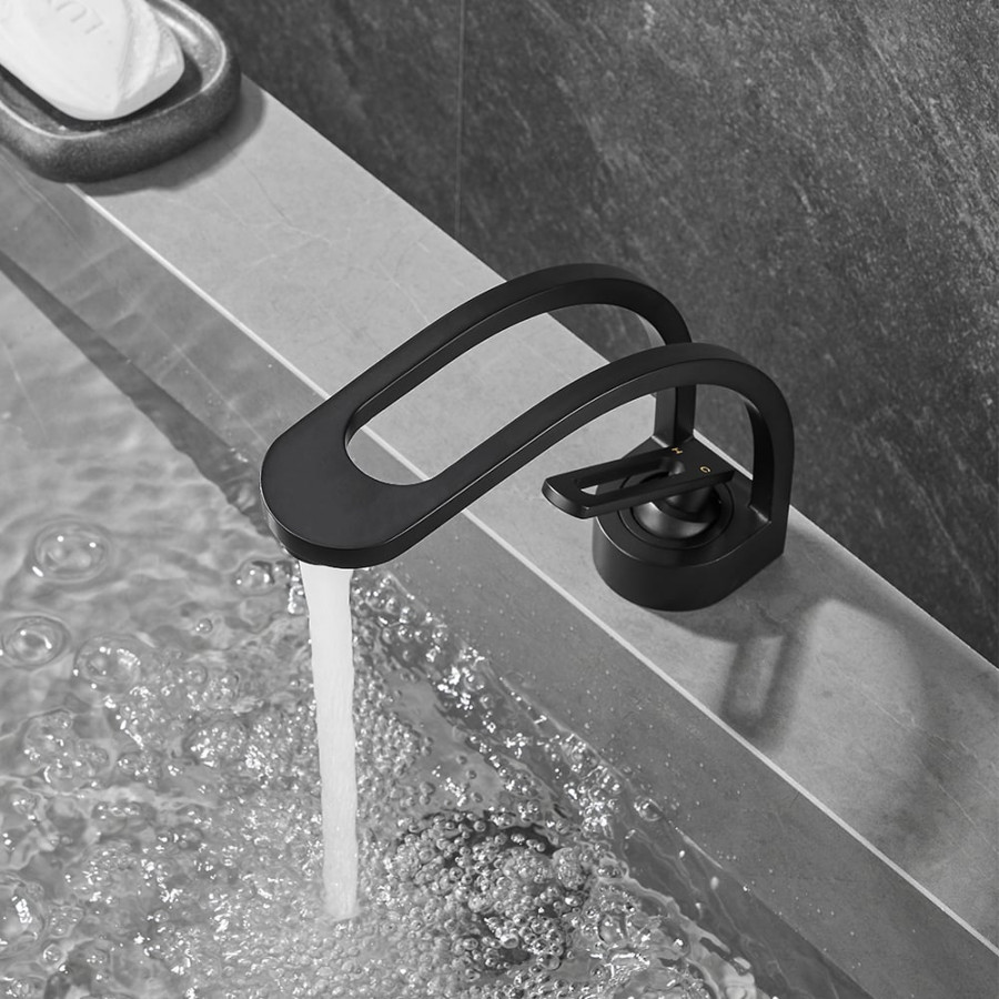 HMR - Modern Single Hole 1-Handle C-Shaped Spout Bathroom Sink Faucet in Black Solid Brass