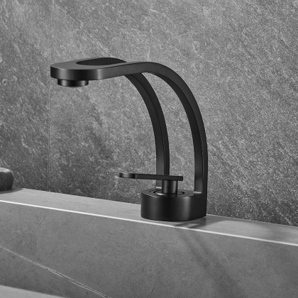 HMR - Modern Single Hole 1-Handle C-Shaped Spout Bathroom Sink Faucet in Black Solid Brass