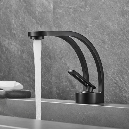 HMR - Modern Single Hole 1-Handle C-Shaped Spout Bathroom Sink Faucet in Black Solid Brass
