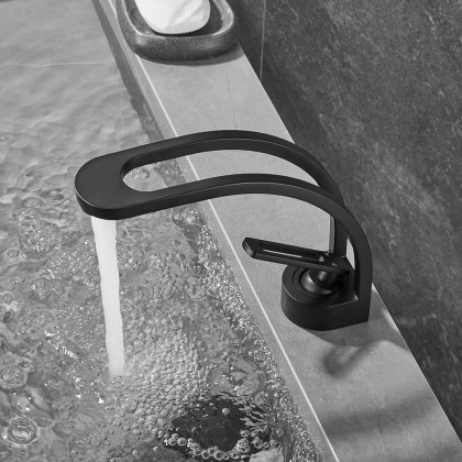 HMR - Modern Single Hole 1-Handle C-Shaped Spout Bathroom Sink Faucet in Black Solid Brass