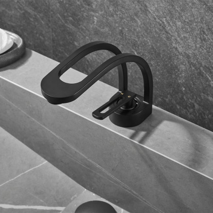HMR - Modern Single Hole 1-Handle C-Shaped Spout Bathroom Sink Faucet in Black Solid Brass