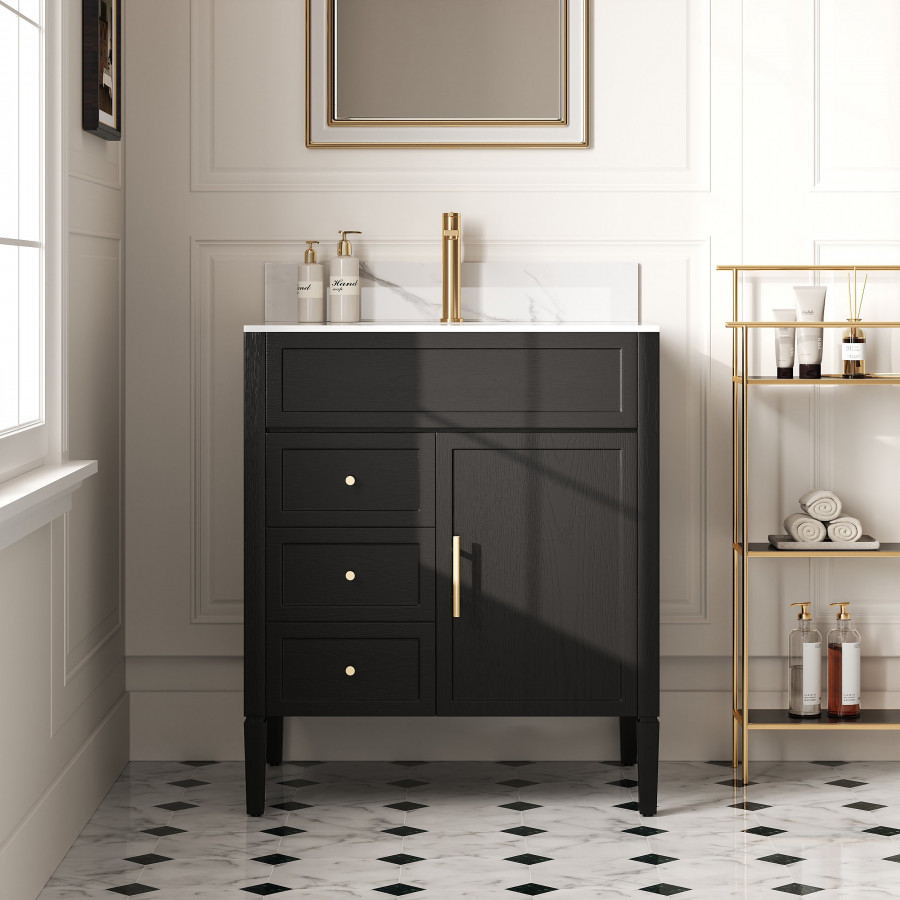 HMR - Bathroom Vanity Set 29.9'' Modern Freestanding Sintered Stone Bathroom Black with Sink
