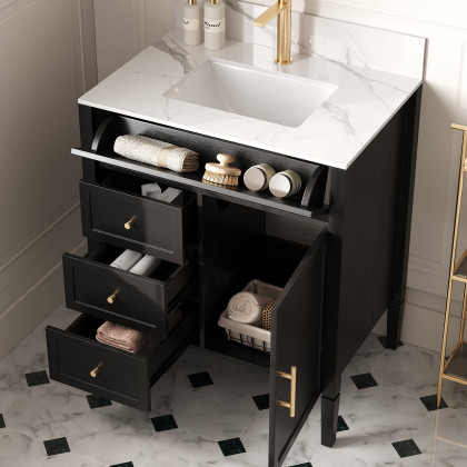 HMR - Bathroom Vanity Set 29.9'' Modern Freestanding Sintered Stone Bathroom Black with Sink
