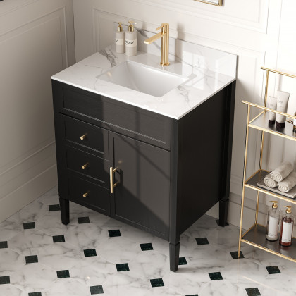 HMR - Bathroom Vanity Set 29.9'' Modern Freestanding Sintered Stone Bathroom Black with Sink