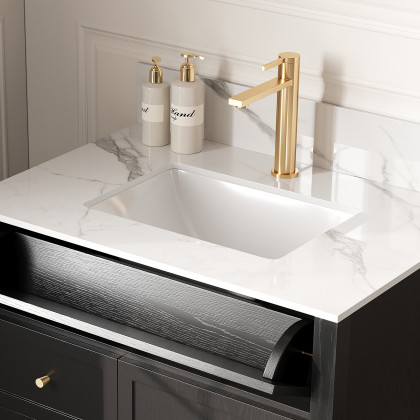 HMR - Bathroom Vanity Set 29.9'' Modern Freestanding Sintered Stone Bathroom Black with Sink