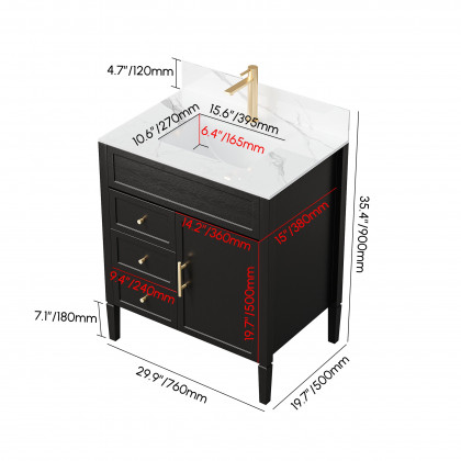 HMR - Bathroom Vanity Set 29.9'' Modern Freestanding Sintered Stone Bathroom Black with Sink