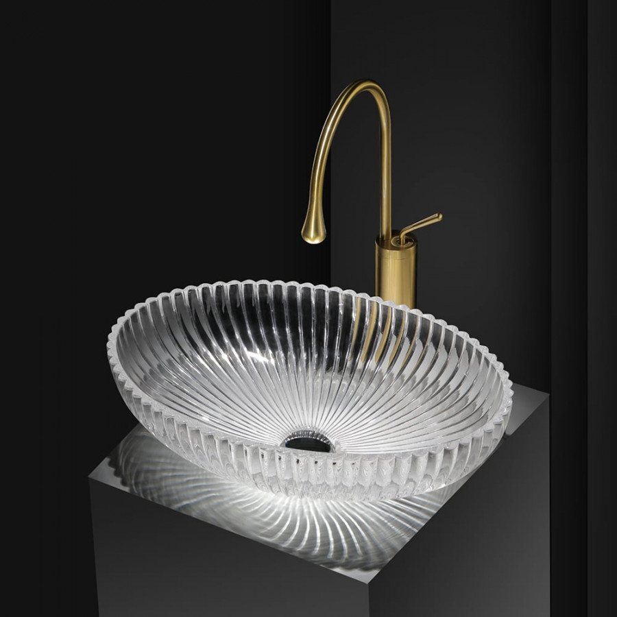 HMR - Modern Oval Clear Vessel Sink Transparent Crystal Glass Bathroom Wash Sink with Drain
