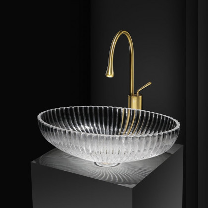 HMR - Modern Oval Clear Vessel Sink Transparent Crystal Glass Bathroom Wash Sink with Drain