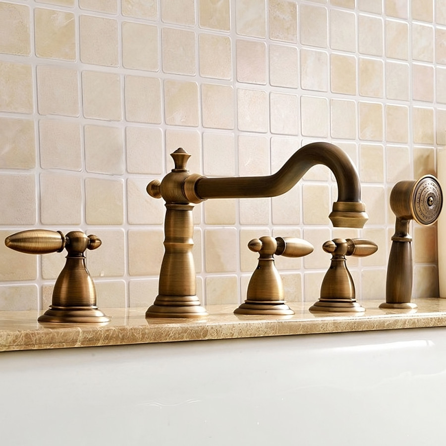 HMR - Deck Mounted Roman Bathtub Faucet with Handshower Solid Brass in Antique Brass