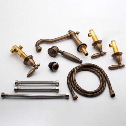 HMR - Deck Mounted Roman Bathtub Faucet with Handshower Solid Brass in Antique Brass