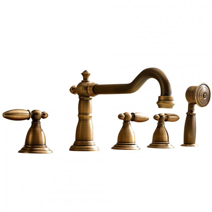 HMR - Deck Mounted Roman Bathtub Faucet with Handshower Solid Brass in Antique Brass