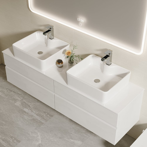 HMR Modern Floating Bathroom Vanity Set with Faux Marble Top & Double Ceramic with Vessel Sink - White, 60"