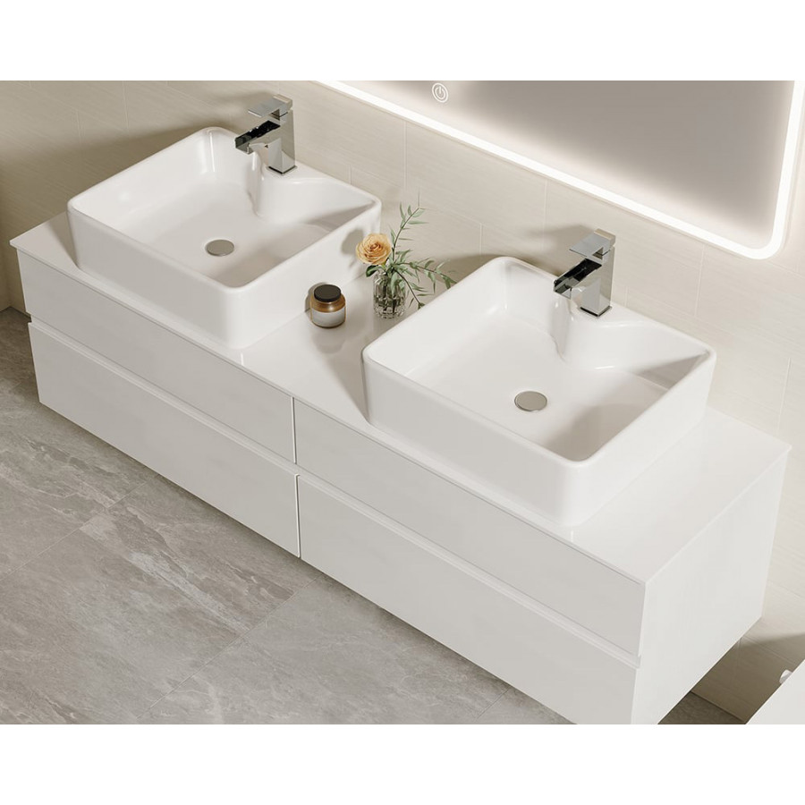 HMR Modern Floating Bathroom Vanity Set with Faux Marble Top & Double Ceramic with Vessel Sink - White, 60"