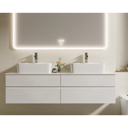 HMR Modern Floating Bathroom Vanity Set with Faux Marble Top & Double Ceramic with Vessel Sink - White, 60"