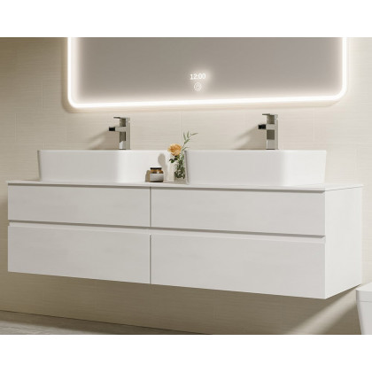 HMR Modern Floating Bathroom Vanity Set with Faux Marble Top & Double Ceramic with Vessel Sink - White, 60"