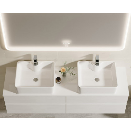 HMR Modern Floating Bathroom Vanity Set with Faux Marble Top & Double Ceramic with Vessel Sink - White, 60"