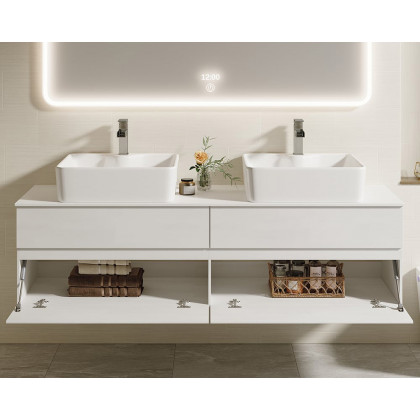 HMR Modern Floating Bathroom Vanity Set with Faux Marble Top & Double Ceramic with Vessel Sink - White, 60"