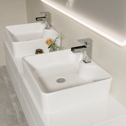 HMR Modern Floating Bathroom Vanity Set with Faux Marble Top & Double Ceramic with Vessel Sink - White, 60"