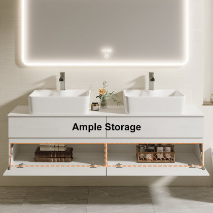 HMR Modern Floating Bathroom Vanity Set with Faux Marble Top & Double Ceramic with Vessel Sink - White, 60"