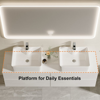 HMR Modern Floating Bathroom Vanity Set with Faux Marble Top & Double Ceramic with Vessel Sink - White, 60"