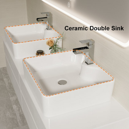 HMR Modern Floating Bathroom Vanity Set with Faux Marble Top & Double Ceramic with Vessel Sink - White, 60"