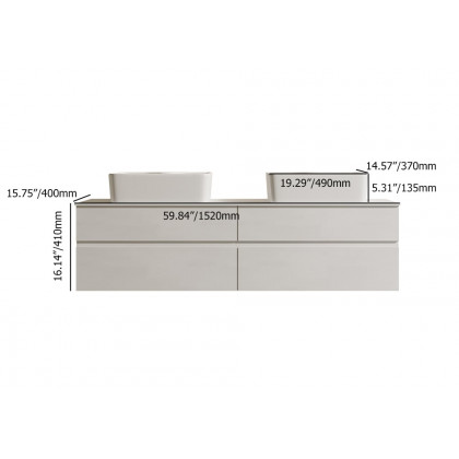 HMR Modern Floating Bathroom Vanity Set with Faux Marble Top & Double Ceramic with Vessel Sink - White, 60"