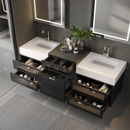 HMR - 67" Floating Double Bathroom Vanity and Center Tower Black with Faux Marble Top