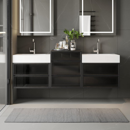 HMR - 67" Floating Double Bathroom Vanity and Center Tower Black with Faux Marble Top