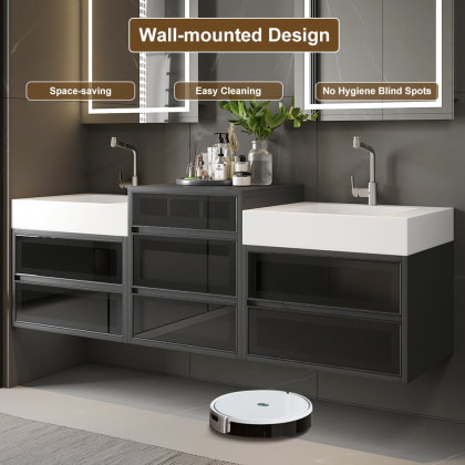 HMR - 67" Floating Double Bathroom Vanity and Center Tower Black with Faux Marble Top