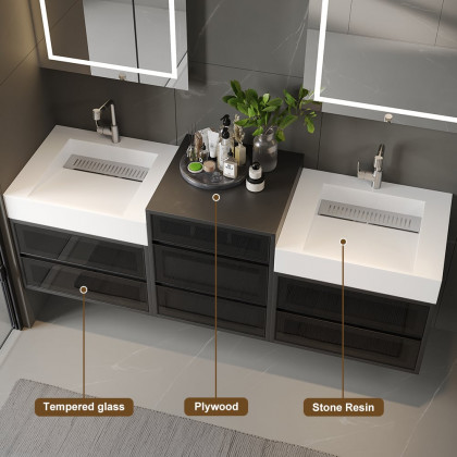 HMR - 67" Floating Double Bathroom Vanity and Center Tower Black with Faux Marble Top
