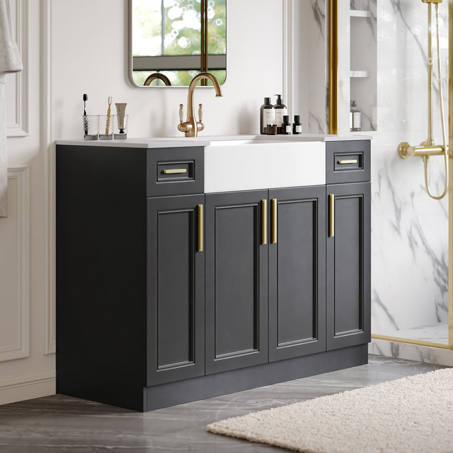 HMR - 48" Black Freestanding Single Farmhouse Sink Bathroom Vanity with Ceramic Top