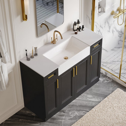 HMR - 48" Black Freestanding Single Farmhouse Sink Bathroom Vanity with Ceramic Top