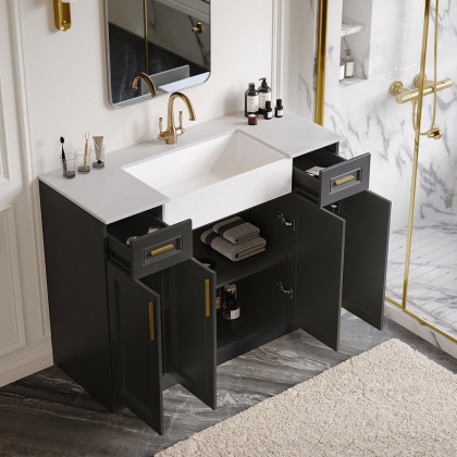 HMR - 48" Black Freestanding Single Farmhouse Sink Bathroom Vanity with Ceramic Top