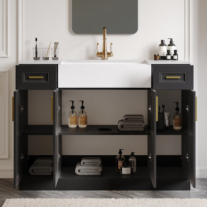 HMR - 48" Black Freestanding Single Farmhouse Sink Bathroom Vanity with Ceramic Top