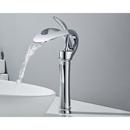 HMR Modern Elegant Waterfall Bathroom Vessel Sink Faucet Single Handle Solid Brass - Chrome