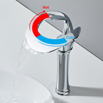 HMR Modern Elegant Waterfall Bathroom Vessel Sink Faucet Single Handle Solid Brass - Chrome